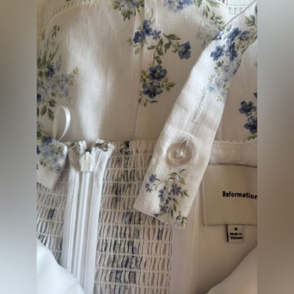 NEW Reformation Everett Mini Dress Truly White Blue Floral Linen | US 4 UK 8 - Picture 9 of 16